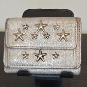 Jimmy Choo Star Stud Metallic Leather Trifold Wallet Champagne Gold Italy
